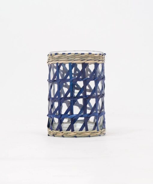 Wholesale Dark Blue Glass And Seagrass Candle Holder PA 06 28 004 01