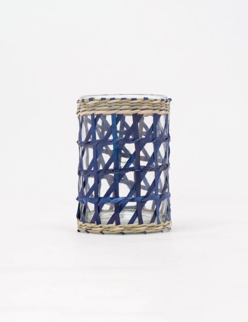 Wholesale Dark Blue Glass And Seagrass Candle Holder PA 06 28 004 01