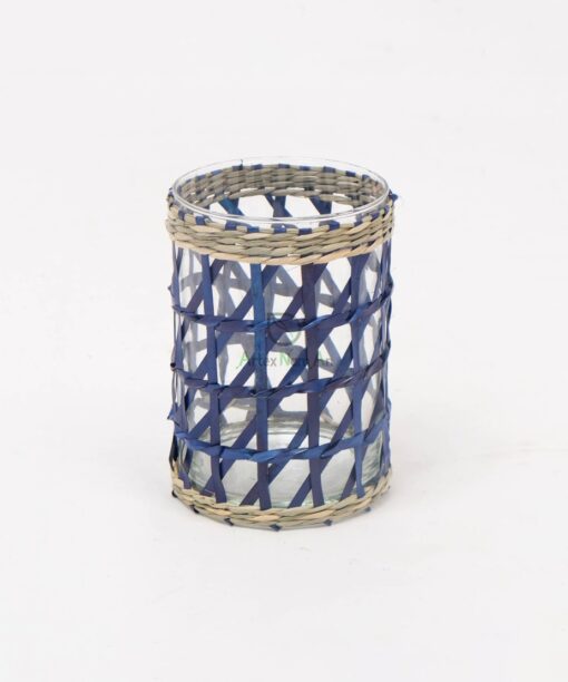 Wholesale Dark Blue Glass And Seagrass Candle Holder PA 06 28 004 01