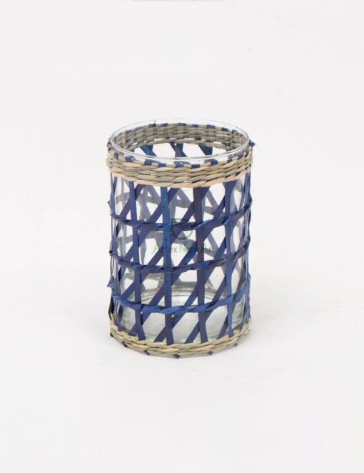 Wholesale Dark Blue Glass And Seagrass Candle Holder PA 06 28 004 01