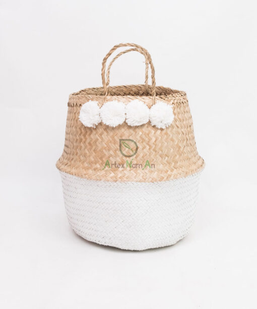 Wholesale Seagrass Belly Basket/foldable Laundry Basket With Pom Pom SG 10 05 176 01
