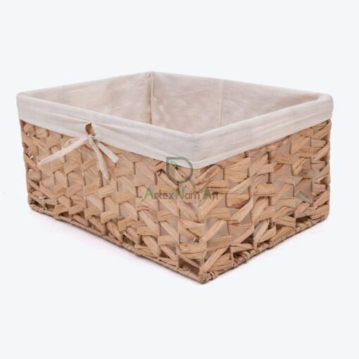Rectangular Water Hyacinth Storage Bin With Cotton Linen W 06 05 315 01