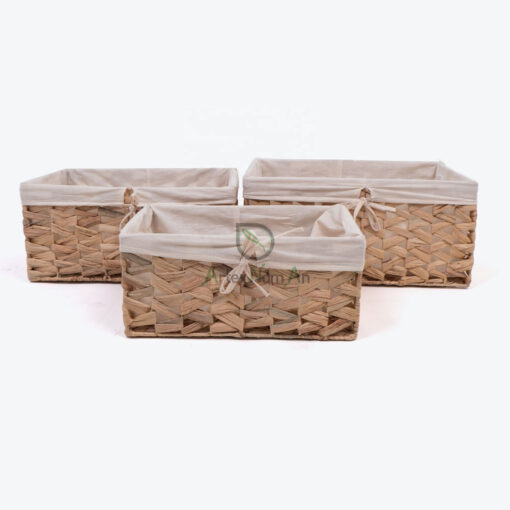 Rectangular Water Hyacinth Storage Bin With Cotton Linen W 06 05 315 01