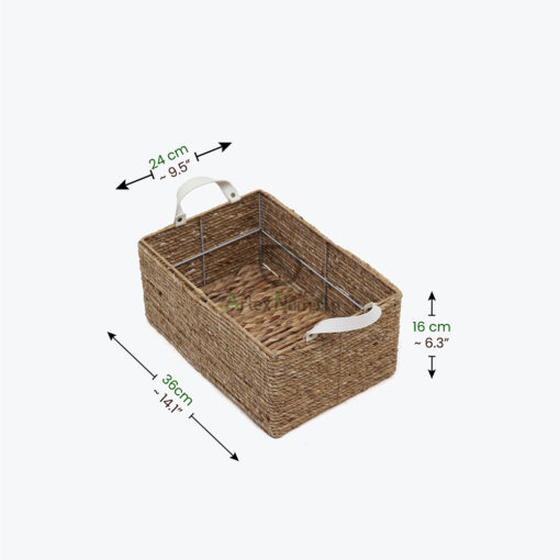 Unique Rectangular Water Hyacinth Storage Organizer Baskets With Leather Handles