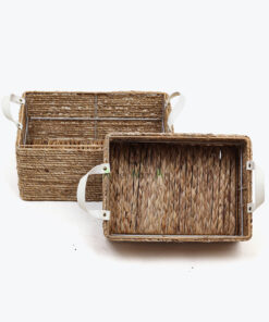 Unique Rectangular Water Hyacinth Storage Organizer Baskets With Leather Handles