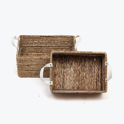 Unique Rectangular Water Hyacinth Storage Organizer Baskets With Leather Handles