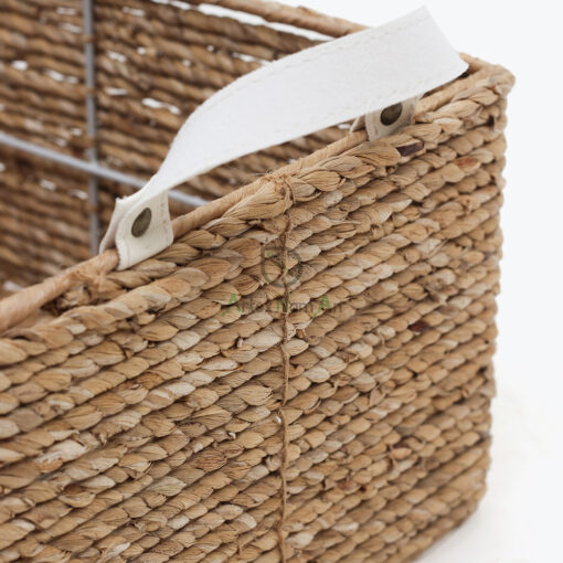 Unique Rectangular Water Hyacinth Storage Organizer Baskets With Leather Handles