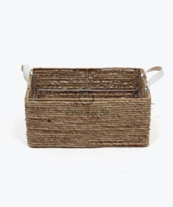 Unique Rectangular Water Hyacinth Storage Organizer Baskets With Leather Handles