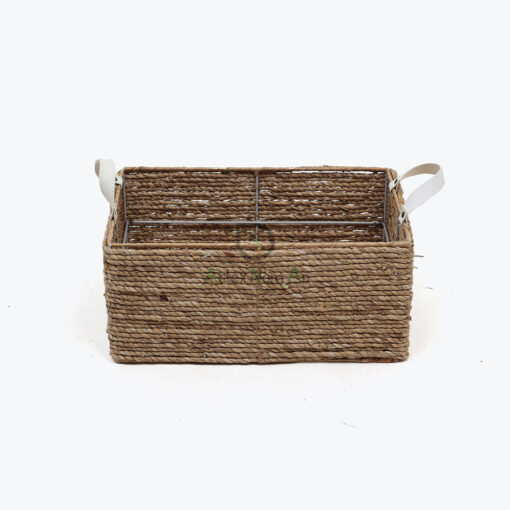 Unique Rectangular Water Hyacinth Storage Organizer Baskets With Leather Handles