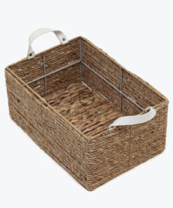 Unique Rectangular Water Hyacinth Storage Organizer Baskets With Leather Handles