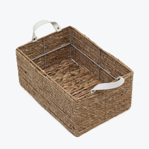 Unique Rectangular Water Hyacinth Storage Organizer Baskets With Leather Handles