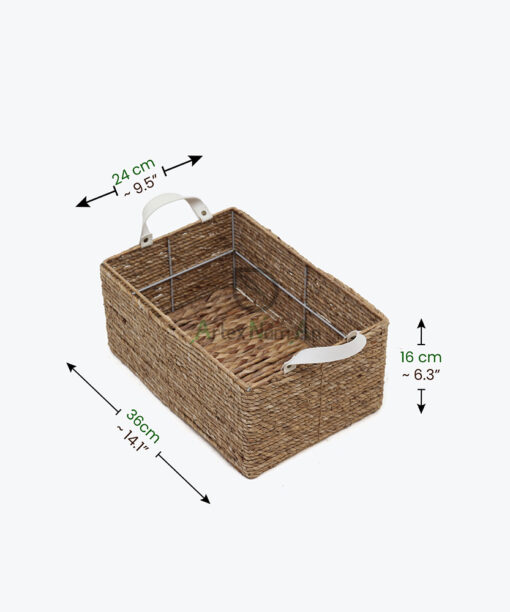 set of 2 rectangular water hyacinth storage bins with pu handles