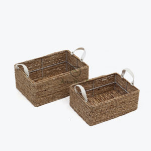 set of 2 rectangular water hyacinth storage bins with pu handles