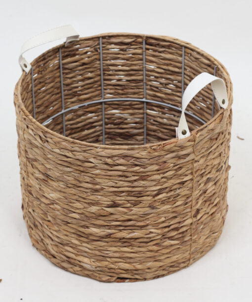 Round Water Hyacinth Laundry Basket With PU Handles