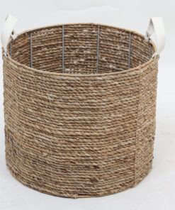 Round Water Hyacinth Laundry Basket With PU Handles