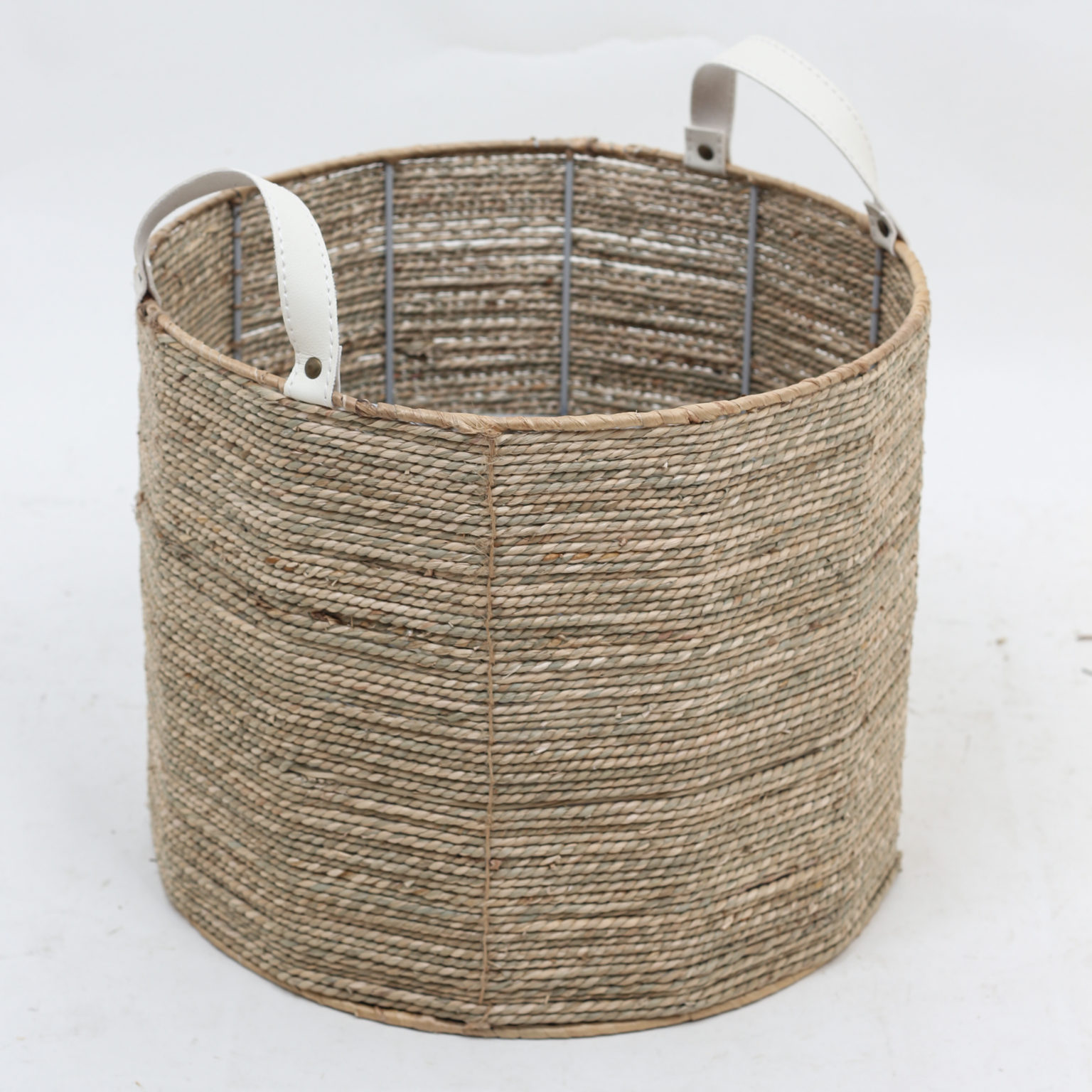 Unique round seagrass basket storage bins with PU handles also toy storage and laundry basket