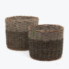 set of 2 round seagrass storage bins with white and black strings
