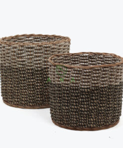 set of 2 round seagrass storage bins with white and black strings