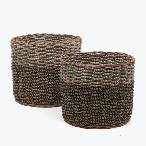 set of 2 round seagrass storage bins with white and black strings