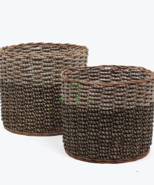 set of 2 round seagrass storage bins with white and black strings
