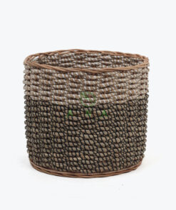 Set of 2 Round Seagrass Storage Bins With White and Black Strings