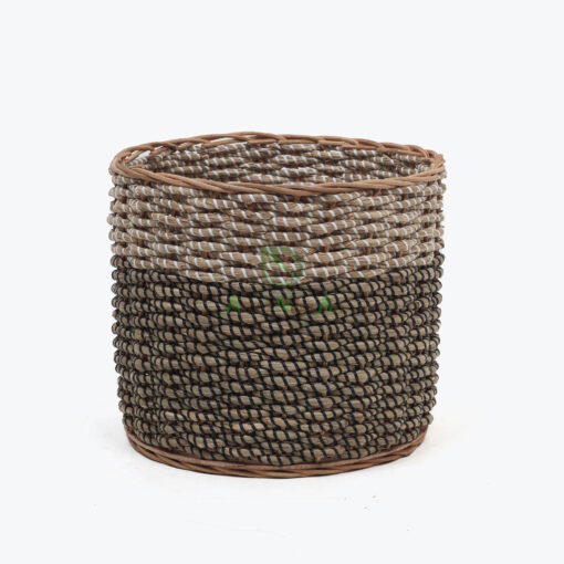 Set of 2 Round Seagrass Storage Bins With White and Black Strings