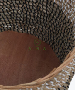 Set of 2 Round Seagrass Storage Bins With White and Black Strings
