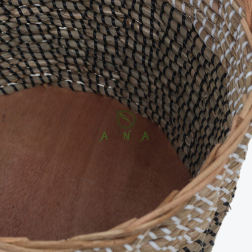 Set of 2 Round Seagrass Storage Bins With White and Black Strings