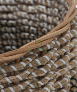 Set of 2 Round Seagrass Storage Bins With White and Black Strings