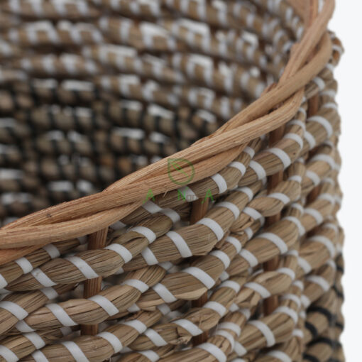Set of 2 Round Seagrass Storage Bins With White and Black Strings