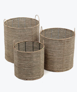 set of 3 round seagrass storage bins with handles for wholesale