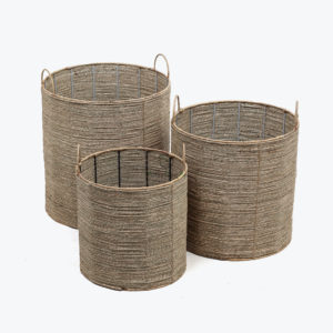 set of 3 round seagrass storage bins with handles for wholesale