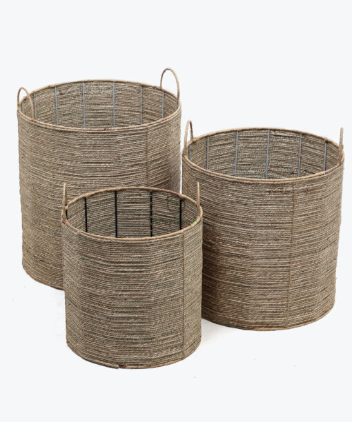 set of 3 round seagrass storage bins with handles for wholesale