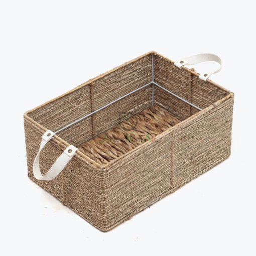 Rectangular Seagrass Kitchen Organizer With Leather Handles