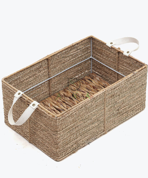 Rectangular Seagrass Kitchen Organizer With Leather Handles