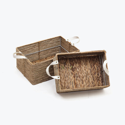 Rectangular Seagrass Kitchen Organizer With Leather Handles