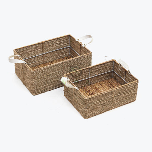 Rectangular Seagrass Kitchen Organizer With Leather Handles