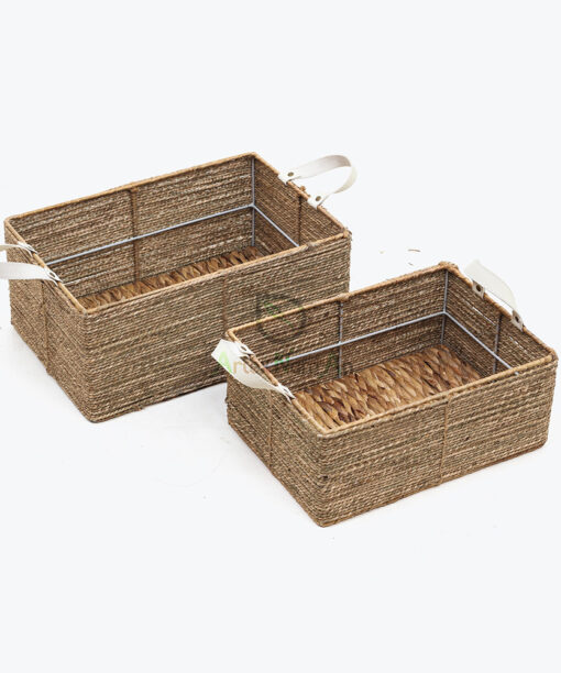 Rectangular Seagrass Kitchen Organizer With Leather Handles