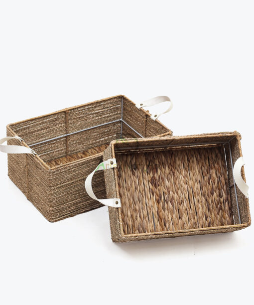Rectangular Seagrass Kitchen Organizer With Leather Handles