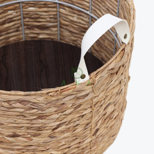 Round Water Hyacinth Laundry Basket With PU Handles