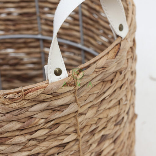 Round Water Hyacinth Laundry Basket With PU Handles