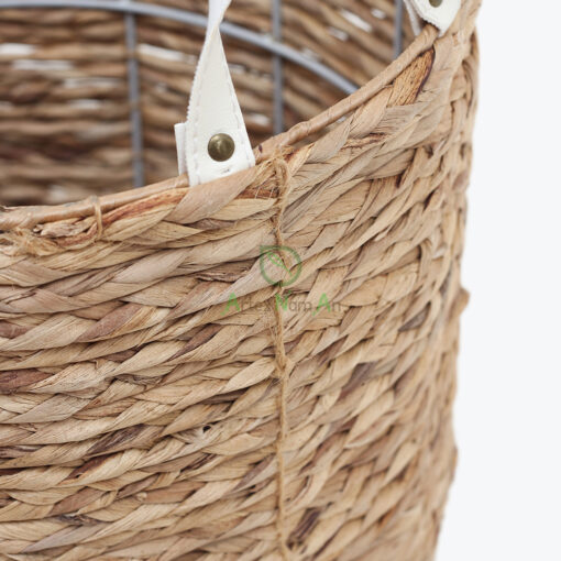 Round Water Hyacinth Laundry Basket With PU Handles