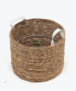 round water hyacinth laundry basket with pu handles - w 68 05 015 01