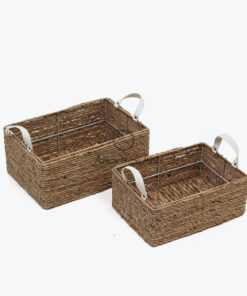 set of 2 rectangular water hyacinth storage bins with pu handles