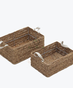 Set 2 Rectangular Water Hyacinth Pantry Basket With Leather Handles