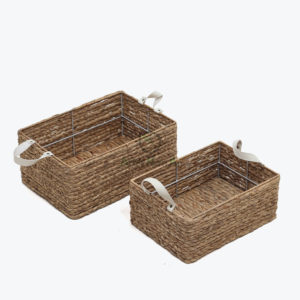 Set 2 Rectangular Water Hyacinth Pantry Basket With Leather Handles