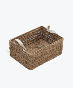 Set 2 Rectangular Water Hyacinth Pantry Basket With Leather Handles