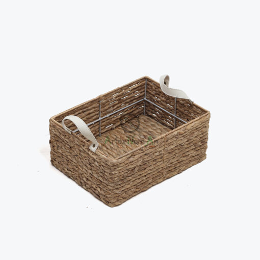 Set 2 Rectangular Water Hyacinth Pantry Basket With Leather Handles
