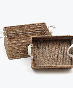 Set 2 Rectangular Water Hyacinth Pantry Basket With Leather Handles