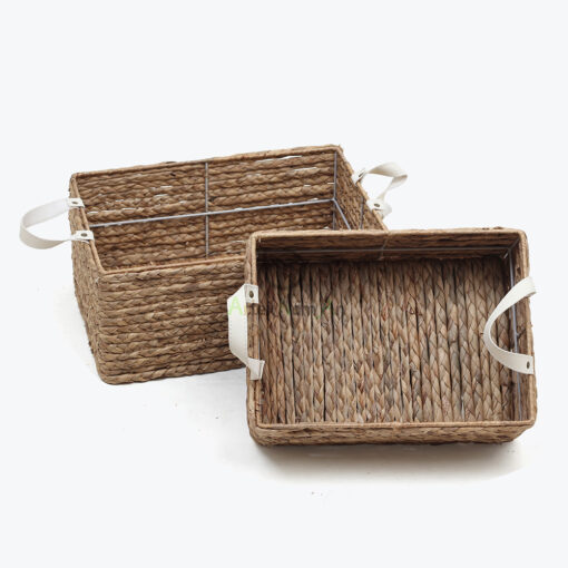 Set 2 Rectangular Water Hyacinth Pantry Basket With Leather Handles